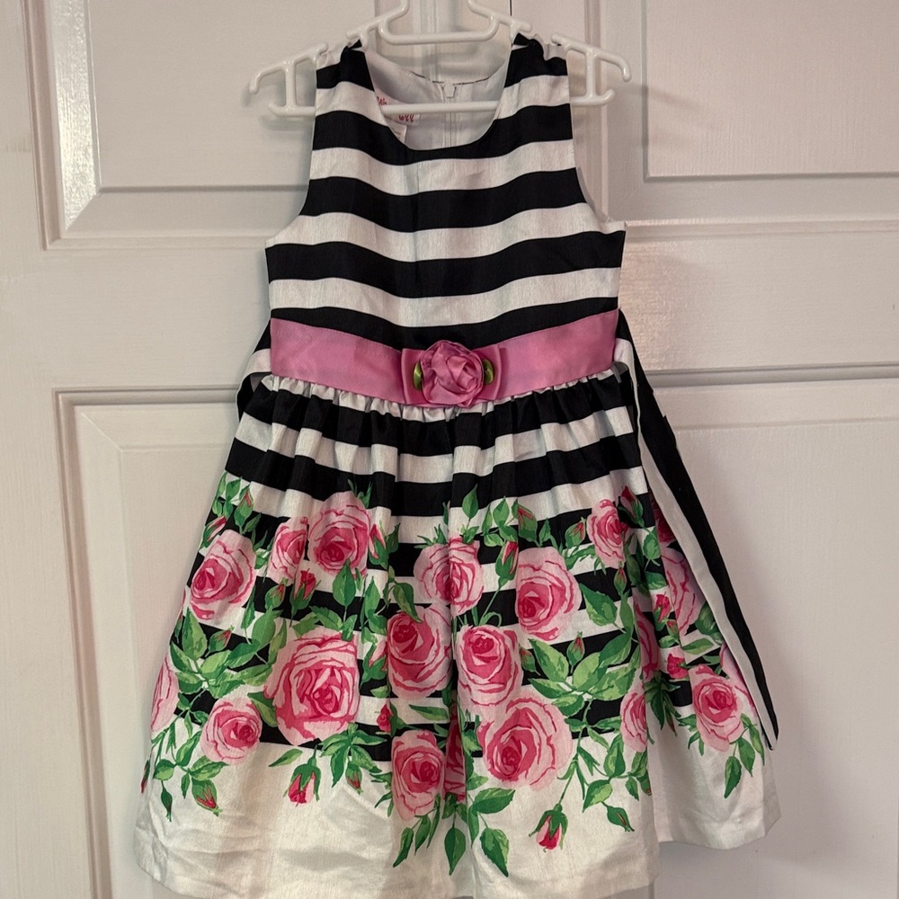 Jessica Ann Black and White Striped Dress with Pink Roses